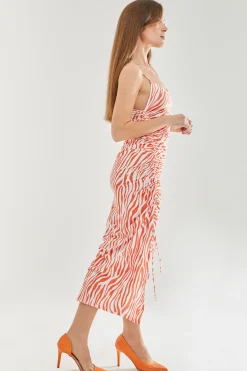 Women's Maxi Dress in Vibrant Orange and White Zebra Print with Front Slit and Tie Detail