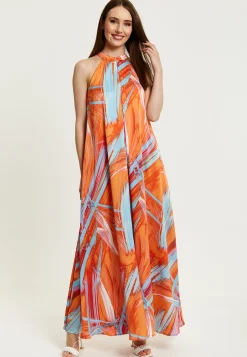 Women’s Maxi Dress in Vibrant Orange with High Neck and Sleeveless Design - Liquorish