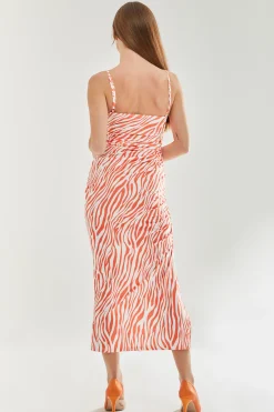 Women's Maxi Dress in Vibrant Orange and White Zebra Print with Front Slit and Tie Detail