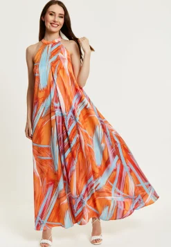 Women’s Maxi Dress in Vibrant Orange with High Neck and Sleeveless Design - Liquorish