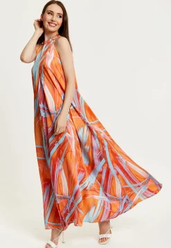 Women’s Maxi Dress in Vibrant Orange with High Neck and Sleeveless Design - Liquorish