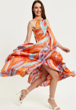 Women’s Maxi Dress in Vibrant Orange with High Neck and Sleeveless Design - Liquorish