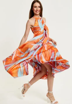 Women’s Maxi Dress in Vibrant Orange with High Neck and Sleeveless Design - Liquorish