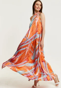 Women’s Maxi Dress in Vibrant Orange with High Neck and Sleeveless Design - Liquorish
