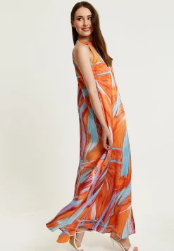 Women’s Maxi Dress in Vibrant Orange with High Neck and Sleeveless Design - Liquorish