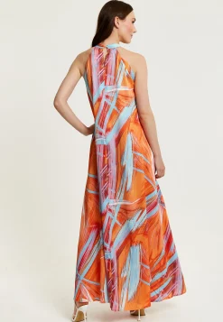 Women’s Maxi Dress in Vibrant Orange with High Neck and Sleeveless Design - Liquorish