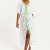 Women's Maxi Dress in White with Short Sleeves and Front Slit, Featuring Green Pineapple Embroidery - Liquorish
