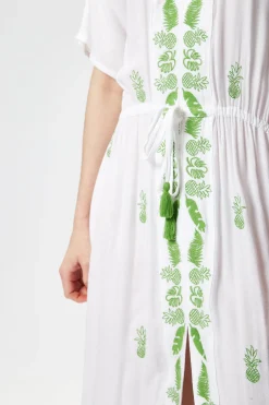 Women's Maxi Dress in White with Short Sleeves and Front Slit, Featuring Green Pineapple Embroidery - Liquorish