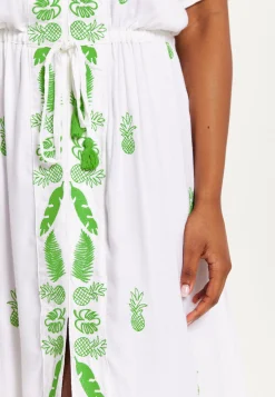 Women's Maxi Dress in White with Short Sleeves and Front Slit, Featuring Green Pineapple Embroidery - Liquorish