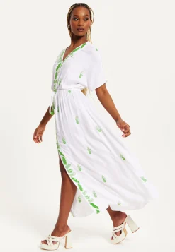 Women's Maxi Dress in White with Short Sleeves and Front Slit, Featuring Green Pineapple Embroidery - Liquorish