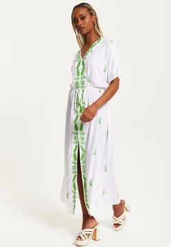 Women's Maxi Dress in White with Short Sleeves and Front Slit, Featuring Green Pineapple Embroidery - Liquorish