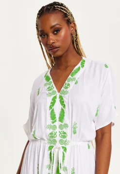 Women's Maxi Dress in White with Short Sleeves and Front Slit, Featuring Green Pineapple Embroidery - Liquorish