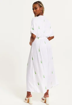 Women's Maxi Dress in White with Short Sleeves and Front Slit, Featuring Green Pineapple Embroidery - Liquorish