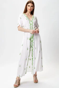 Women's Maxi Dress in White with Short Sleeves and Front Slit, Featuring Green Pineapple Embroidery - Liquorish