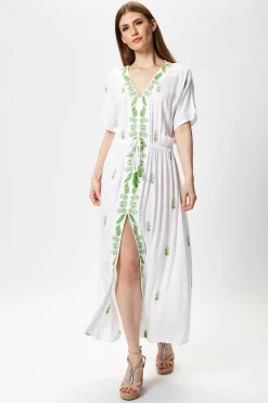 Women's Maxi Dress in White with Short Sleeves and Front Slit, Featuring Green Pineapple Embroidery - Liquorish