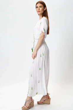 Women's Maxi Dress in White with Short Sleeves and Front Slit, Featuring Green Pineapple Embroidery - Liquorish