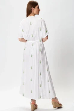 Women's Maxi Dress in White with Short Sleeves and Front Slit, Featuring Green Pineapple Embroidery - Liquorish