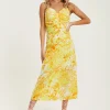 Women's Maxi Dress in Yellow and Orange Floral Print with Sleeveless Design and Ruching Detail - Liquorish