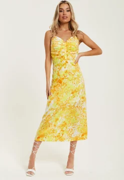 Women's Maxi Dress in Yellow and Orange Floral Print with Sleeveless Design and Ruching Detail - Liquorish