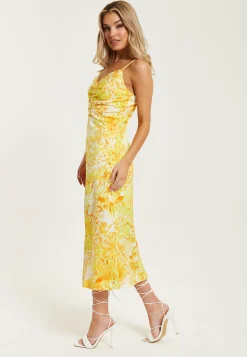Women's Maxi Dress in Yellow and Orange Floral Print with Sleeveless Design and Ruching Detail - Liquorish