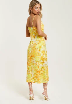 Women's Maxi Dress in Yellow and Orange Floral Print with Sleeveless Design and Ruching Detail - Liquorish