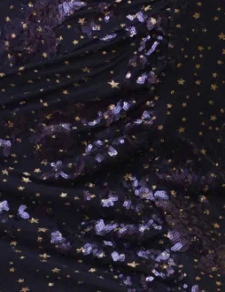 Women's Maxi Dress, Navy Star Sequin, Open Back with Tie Details, Thigh-High Split, Slim Fit