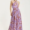 Women’s Maxi Dress, Purple Floral Print, Halter Neck Design, Cut-Out Front, Open Back, Sleeveless, Elegant and Flowy