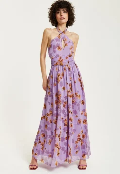 Women’s Maxi Dress, Purple Floral Print, Halter Neck Design, Cut-Out Front, Open Back, Sleeveless, Elegant and Flowy