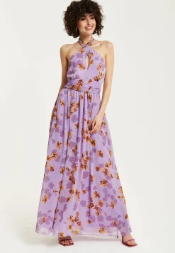 Women’s Maxi Dress, Purple Floral Print, Halter Neck Design, Cut-Out Front, Open Back, Sleeveless, Elegant and Flowy