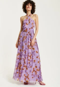 Women’s Maxi Dress, Purple Floral Print, Halter Neck Design, Cut-Out Front, Open Back, Sleeveless, Elegant and Flowy
