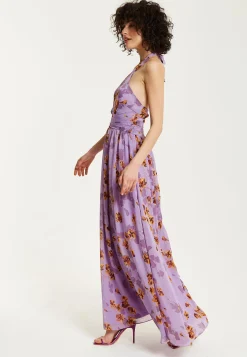 Women’s Maxi Dress, Purple Floral Print, Halter Neck Design, Cut-Out Front, Open Back, Sleeveless, Elegant and Flowy