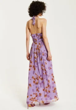 Women’s Maxi Dress, Purple Floral Print, Halter Neck Design, Cut-Out Front, Open Back, Sleeveless, Elegant and Flowy