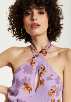 Women’s Maxi Dress, Purple Floral Print, Halter Neck Design, Cut-Out Front, Open Back, Sleeveless, Elegant and Flowy