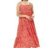 Women’s Maxi Dress, Red Floral Print, Sleeveless Smock Design, Elegant Summer Flow