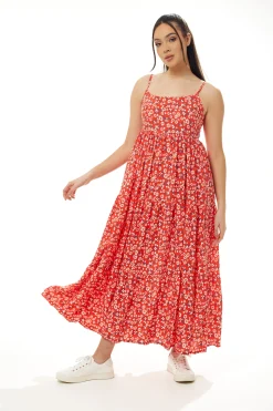 Women’s Maxi Dress, Red Floral Print, Sleeveless Smock Design, Elegant Summer Flow