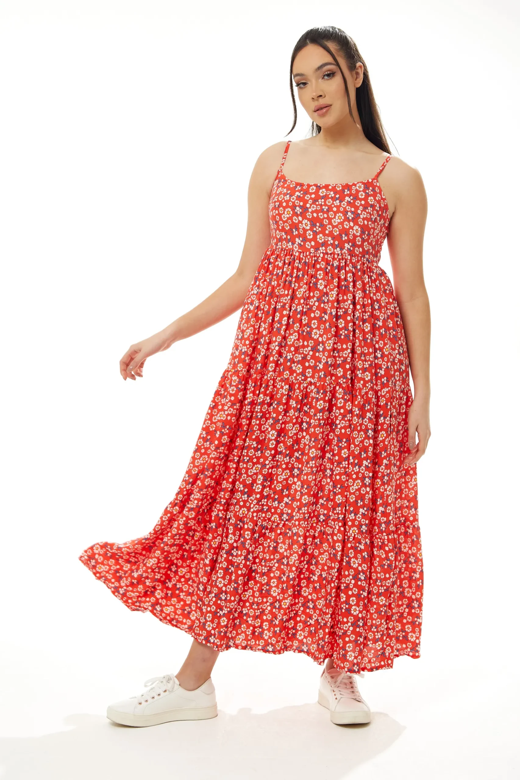 Women’s Maxi Dress, Red Floral Print, Sleeveless Smock Design, Elegant Summer Flow