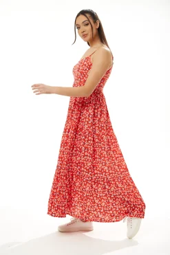 Women’s Maxi Dress, Red Floral Print, Sleeveless Smock Design, Elegant Summer Flow