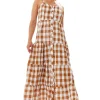 Women's Maxi Dress with Button-Up Front and Fluid Movement in Brown and White - Liquorish
