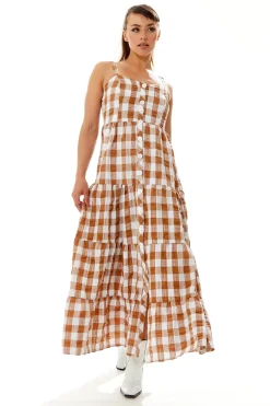 Women's Maxi Dress with Button-Up Front and Fluid Movement in Brown and White - Liquorish