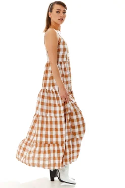 Women's Maxi Dress with Button-Up Front and Fluid Movement in Brown and White - Liquorish