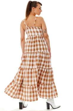 Women's Maxi Dress with Button-Up Front and Fluid Movement in Brown and White - Liquorish