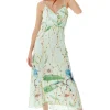 Women's Maxi Dress with Cami Style, V Neckline, Tie Waist, and Bird Print in Mint Green - Liquorish