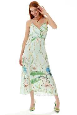 Women's Maxi Dress with Cami Style, V Neckline, Tie Waist, and Bird Print in Mint Green - Liquorish
