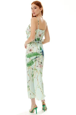 Women's Maxi Dress with Cami Style, V Neckline, Tie Waist, and Bird Print in Mint Green - Liquorish