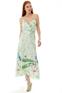 Women's Maxi Dress with Cami Style, V Neckline, Tie Waist, and Bird Print in Mint Green - Liquorish