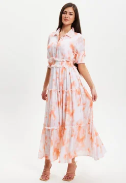 Women's Maxi Dress with Elasticated Waist, Short Sleeves, and Vibrant Orange Dip Dye Design
