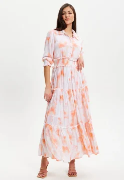 Women's Maxi Dress with Elasticated Waist, Short Sleeves, and Vibrant Orange Dip Dye Design
