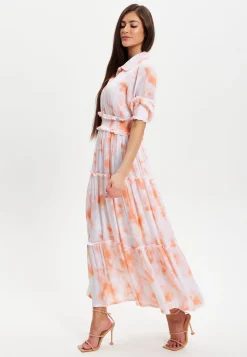 Women's Maxi Dress with Elasticated Waist, Short Sleeves, and Vibrant Orange Dip Dye Design