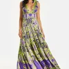 Women's Maxi Dress with Flowing Tiered Skirt in Purple and Lime Green - Deep V-Neck Style by Liquorish