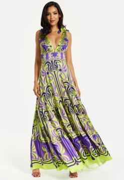 Women's Maxi Dress with Flowing Tiered Skirt in Purple and Lime Green - Deep V-Neck Style by Liquorish